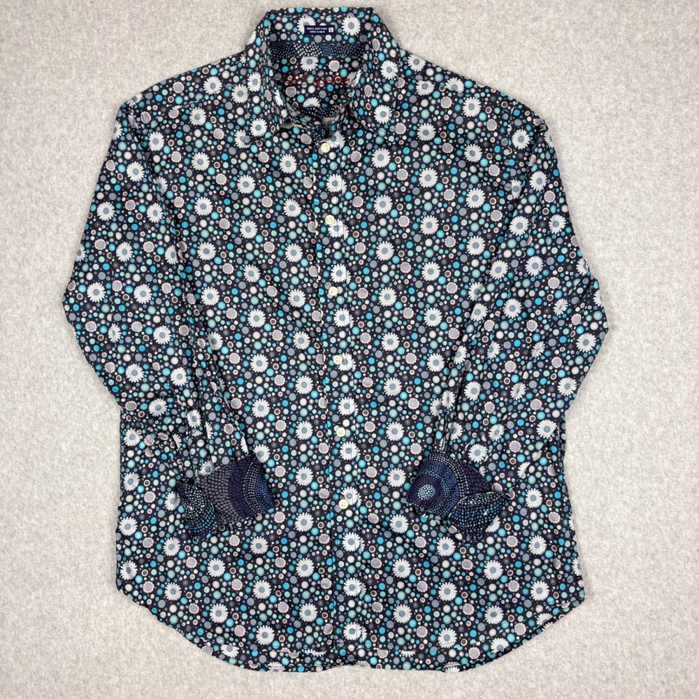 Robert Graham Shirt Mens Large Floral Dot Print Blue Button Down Flip Cuff